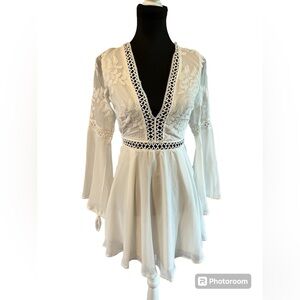 White Crochet Bell Sleeve Dress